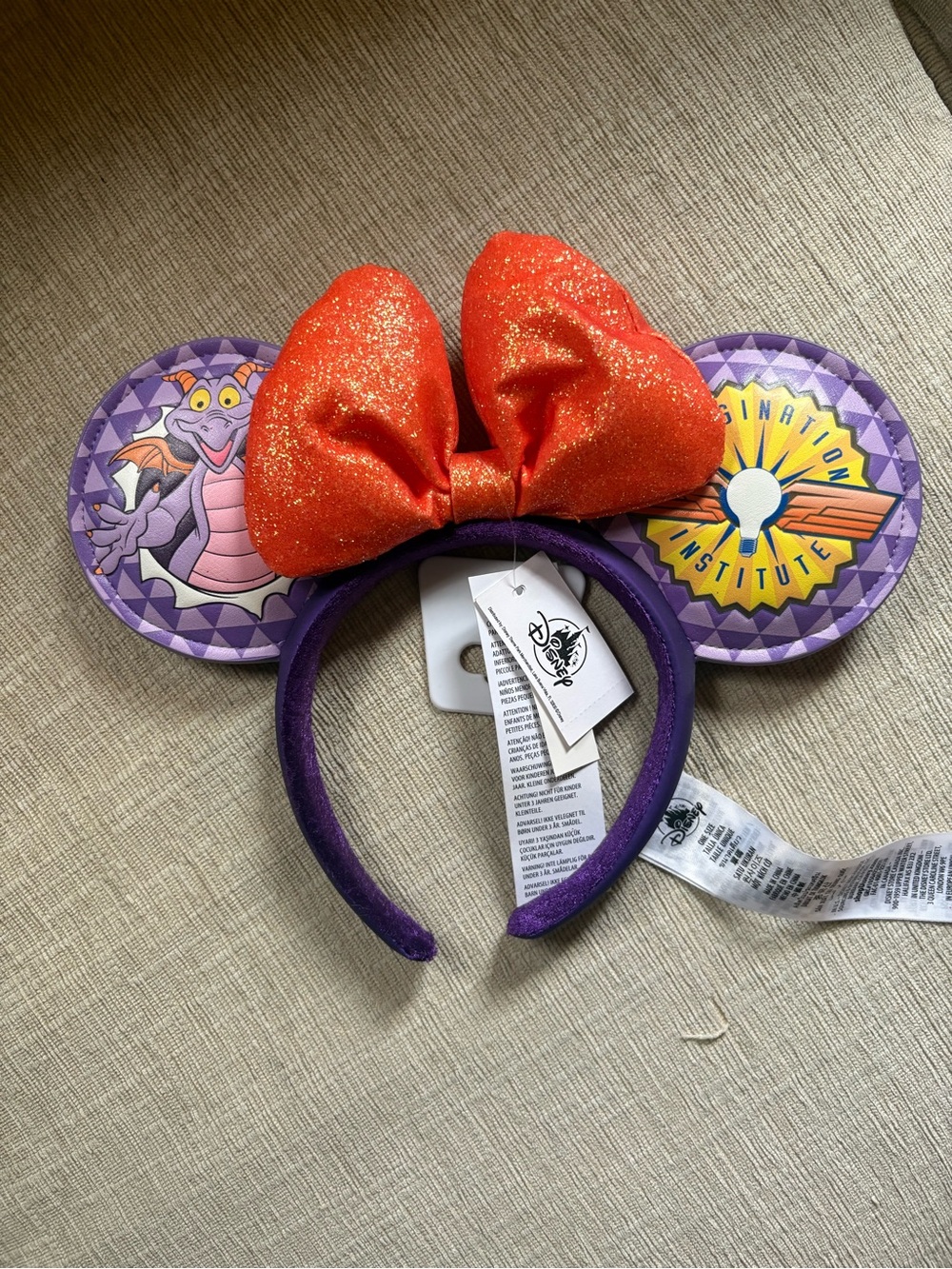 Disney Figment Minnie Ear Headband — Purple Ears with Sparkling Orange Bow